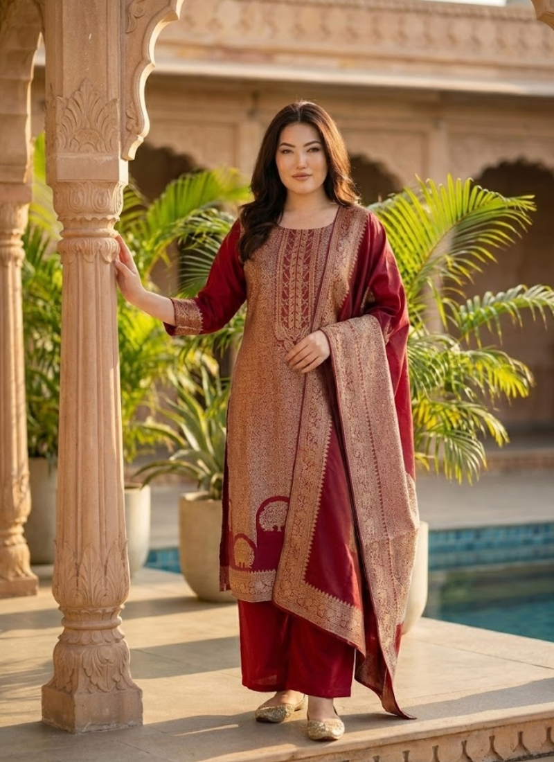 Pure Banarasi Punjabi Suit with Dupatta & Bracelet