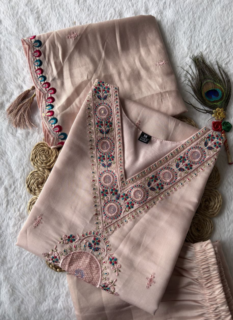 Light Peach Roman Silk Punjabi Suit with Embroidery & Sequence Dupatta