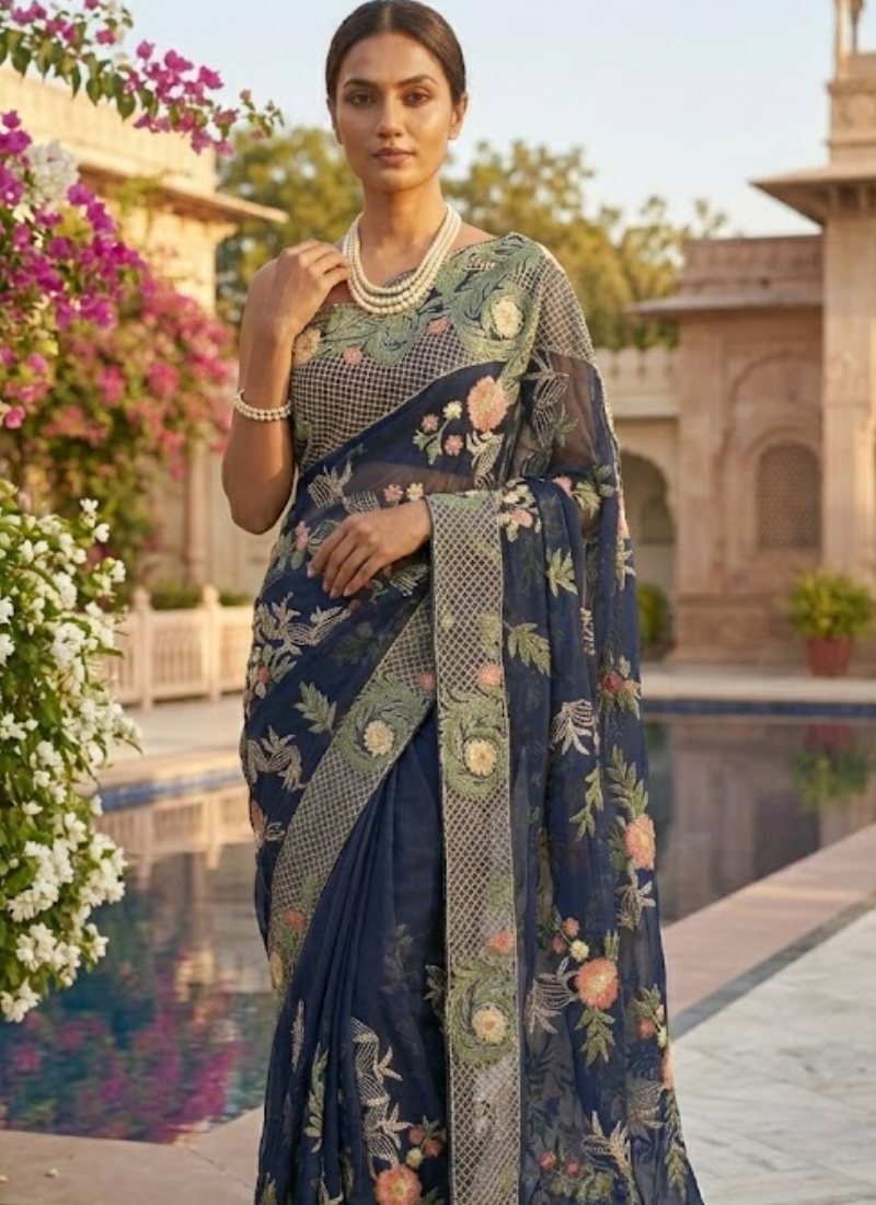 Black Maslin Saree with Floral Embroidery