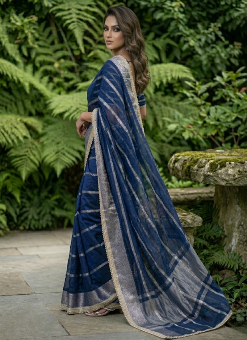 Navy Blue Banarasi Organza Saree with Blouse Piece