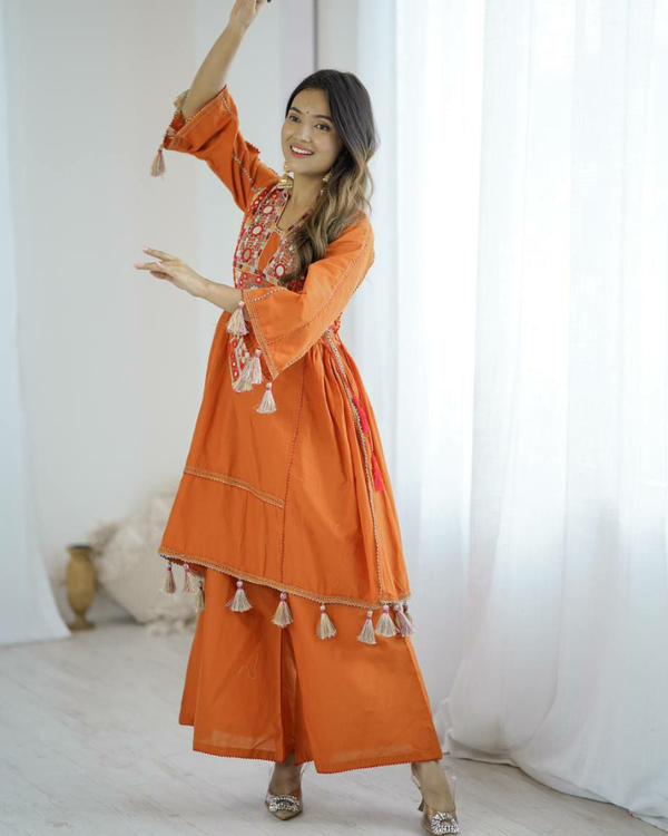 Designer Khadi Cotton Co-ord Set – Embroidery & Mirror Work