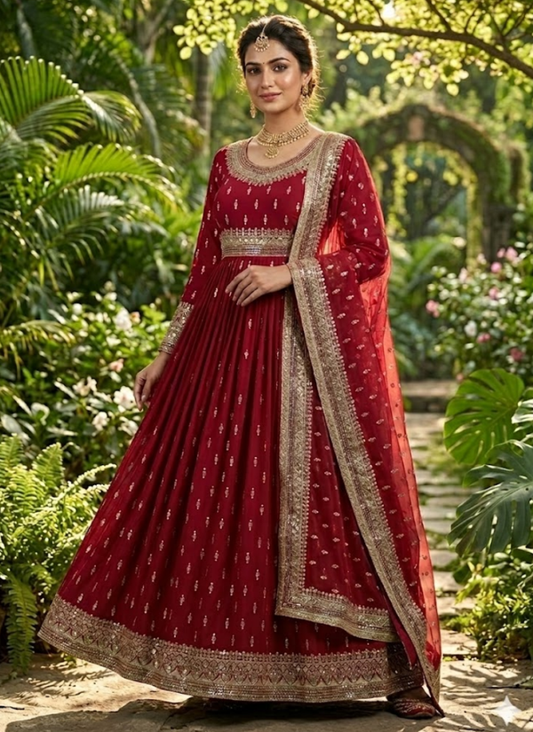 Heavy Chinon Silk Gown Set with Butterfly Net Dupatta