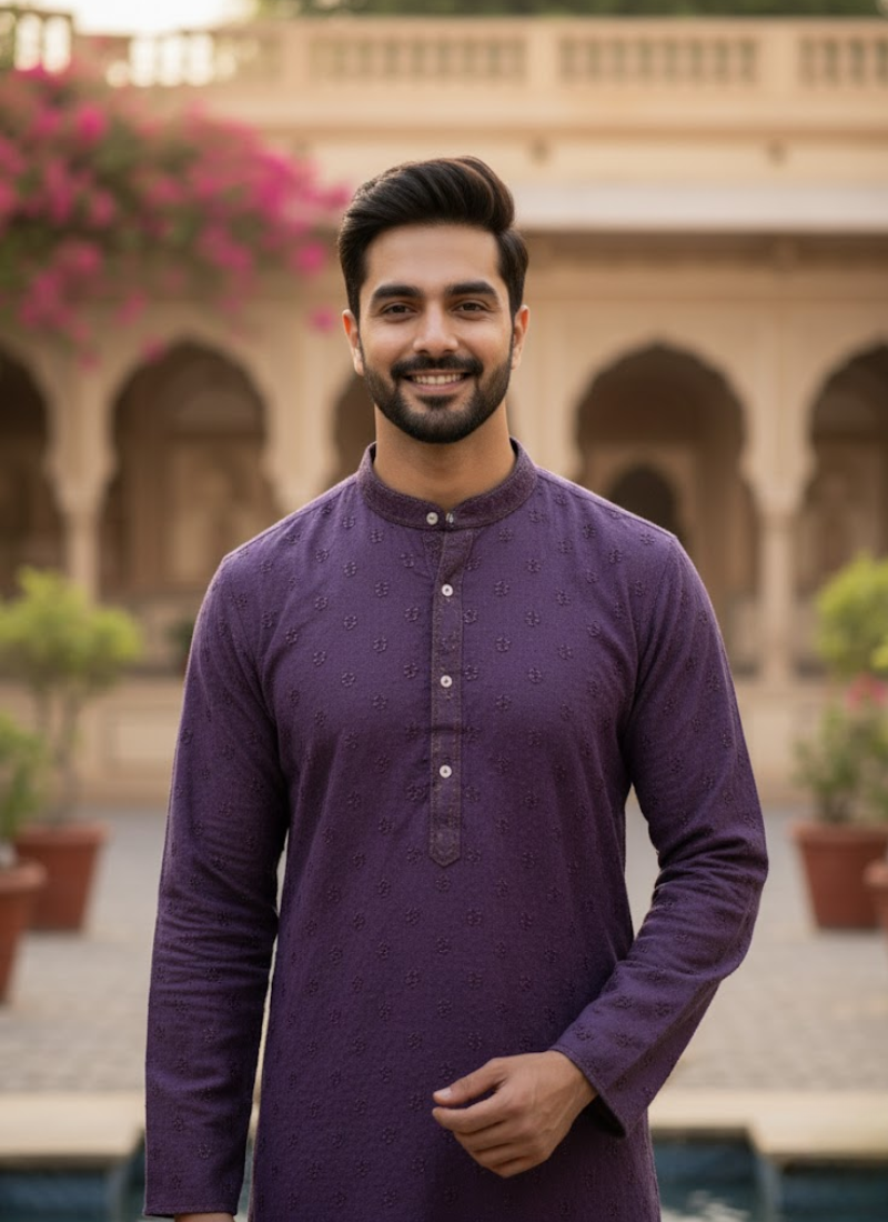 Men’s Kurta – Light Purple Linen Cotton with Embroidery