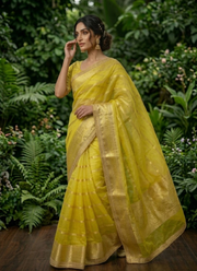 Banarasi Organza Saree with Blouse – Bright yellow 5