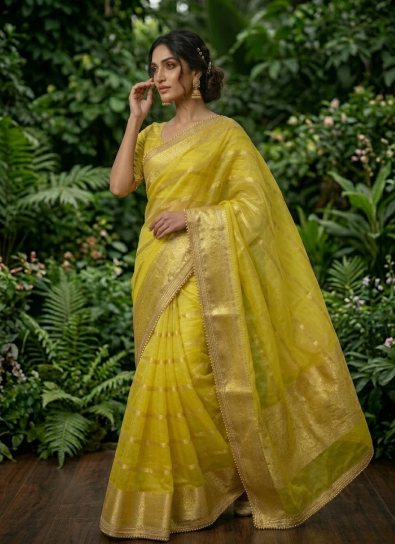 Banarasi Organza Saree with Blouse – Bright yellow