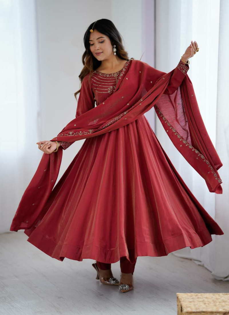 Roman Shimmer Chanderi Silk Anarkali Suit with Beads Work & Dupatta