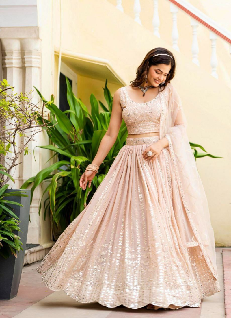 Faux Georgette Bridesmaid Lehenga Choli with Zari & Sequins Embroidery + Net Dupatta