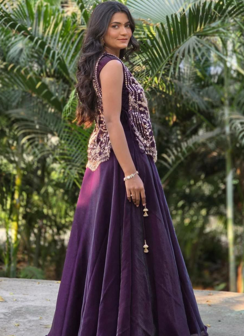 Vichitra Silk Lehenga Set with Embroidered Shrug