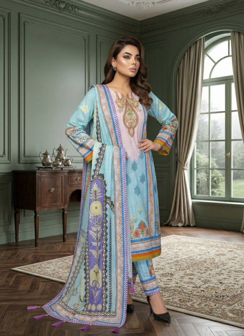 Sky Blue Chinon Silk Salwar Suit with Pearl Work - View 1