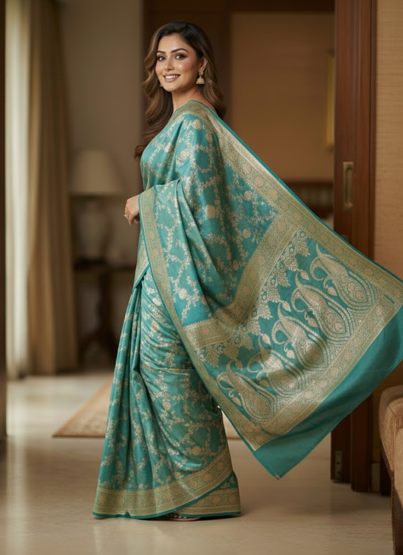 Dual Shaded Green & Gold Katan Silk Saree with Blouse