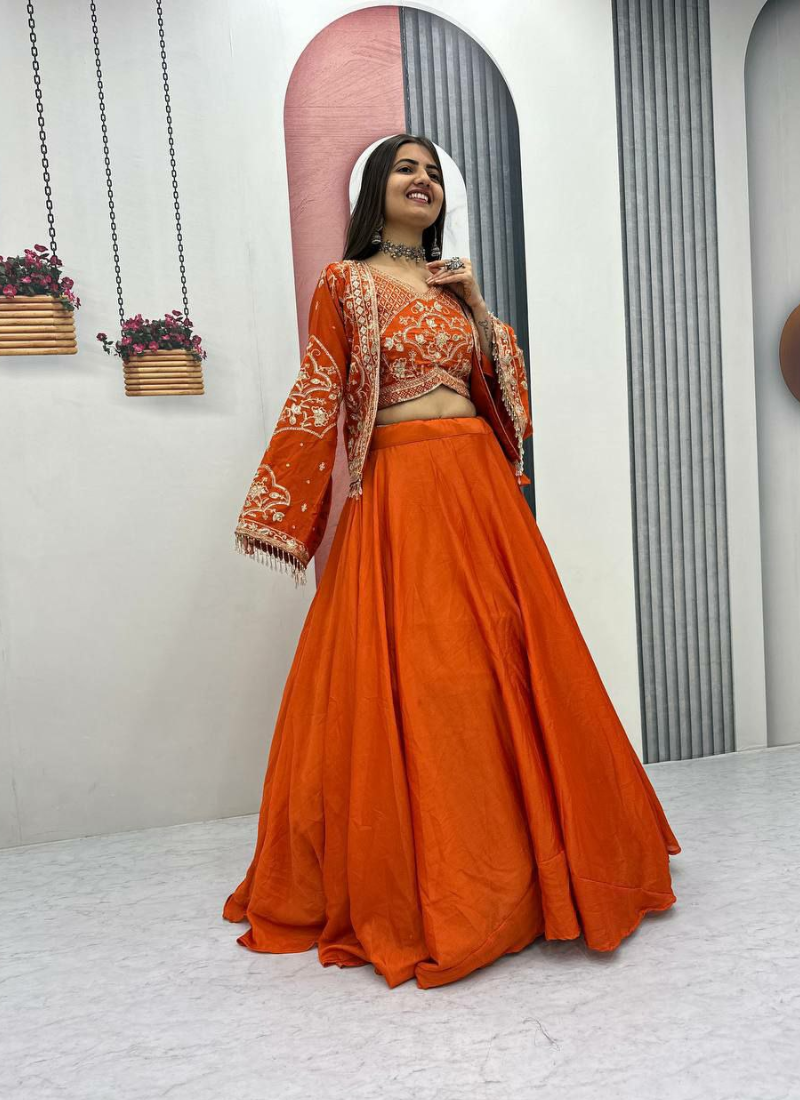 Chinon Lehenga Choli with Embroidered Jacket