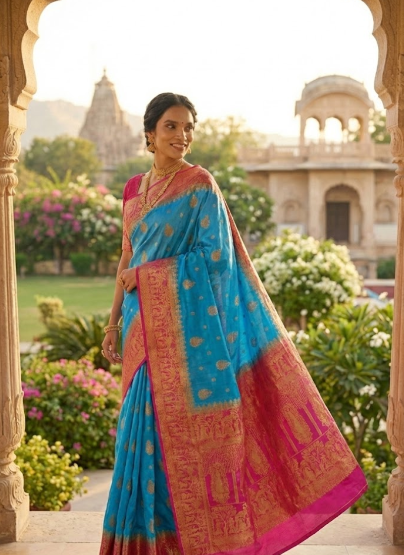 Bangalore Baluchari Silk Saree – Firozi Blue & Magenta