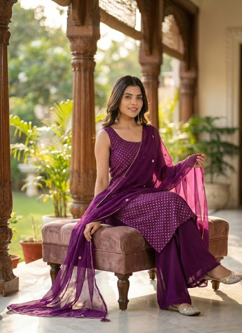 Georgette Sharara/Gharara Salwar Suit with Embroidery & Dupatta