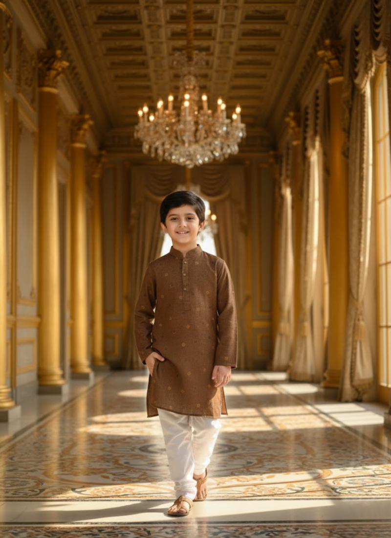 Kids Linen Kurta with White Cotton Pyjama