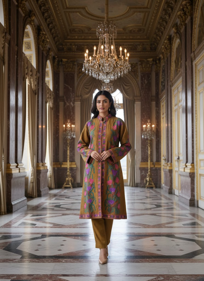 Kashmiri Raw Silk Coat – Metalik Gold Embroidered