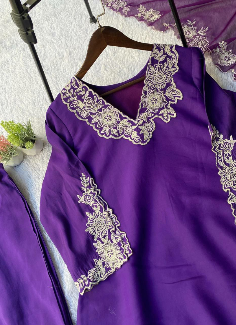 Punjabi Suit in Roman Silk with Embroidery Work + Organza Dupatta