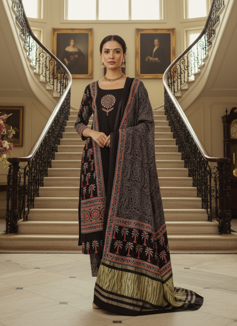 Green Ajrak Salwar Suit – Pure Modal with Jari Border Dupatta