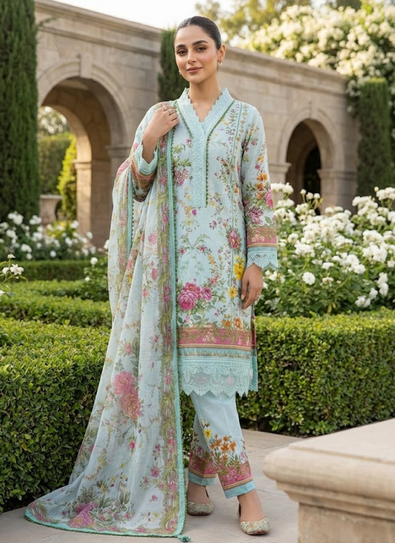 Luxury salwar kameez suit with lawn cotton kameez and salwar, chiffon dupatta, and festive embroidery.