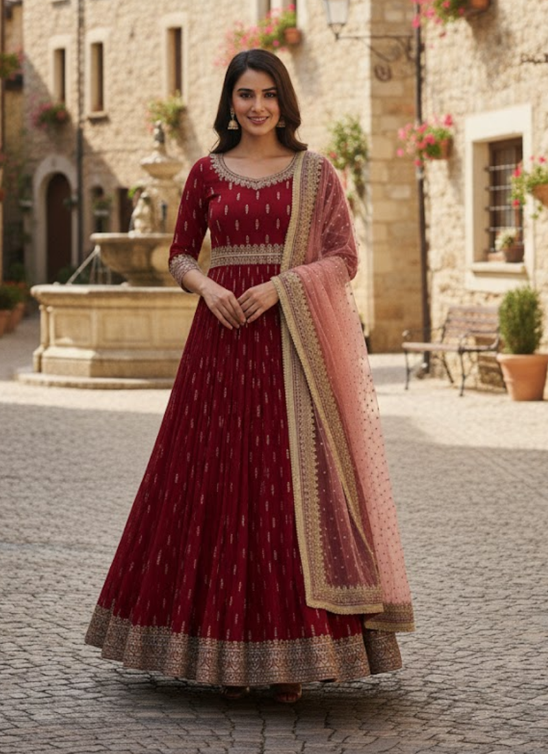 Chinon Silk Embroidered Gown Set with Net Dupatta