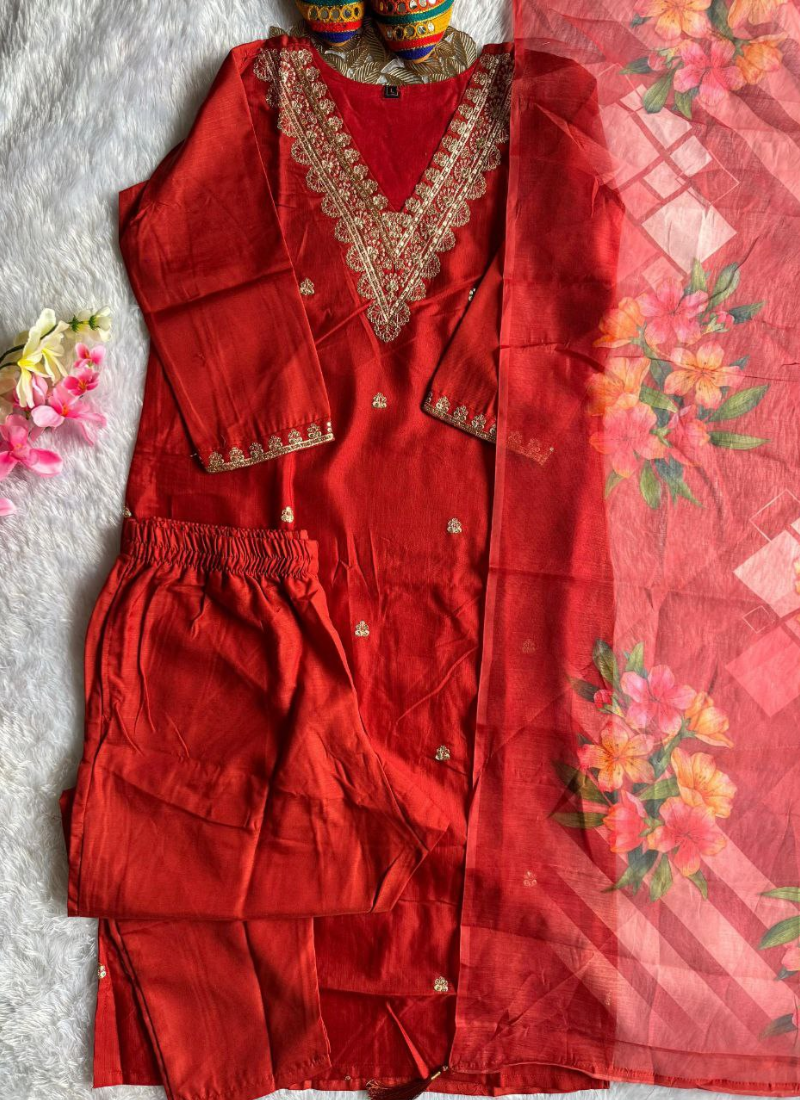 Rayon Slub Straight Punjabi Suit with Embroidery & Chanderi Dupatta