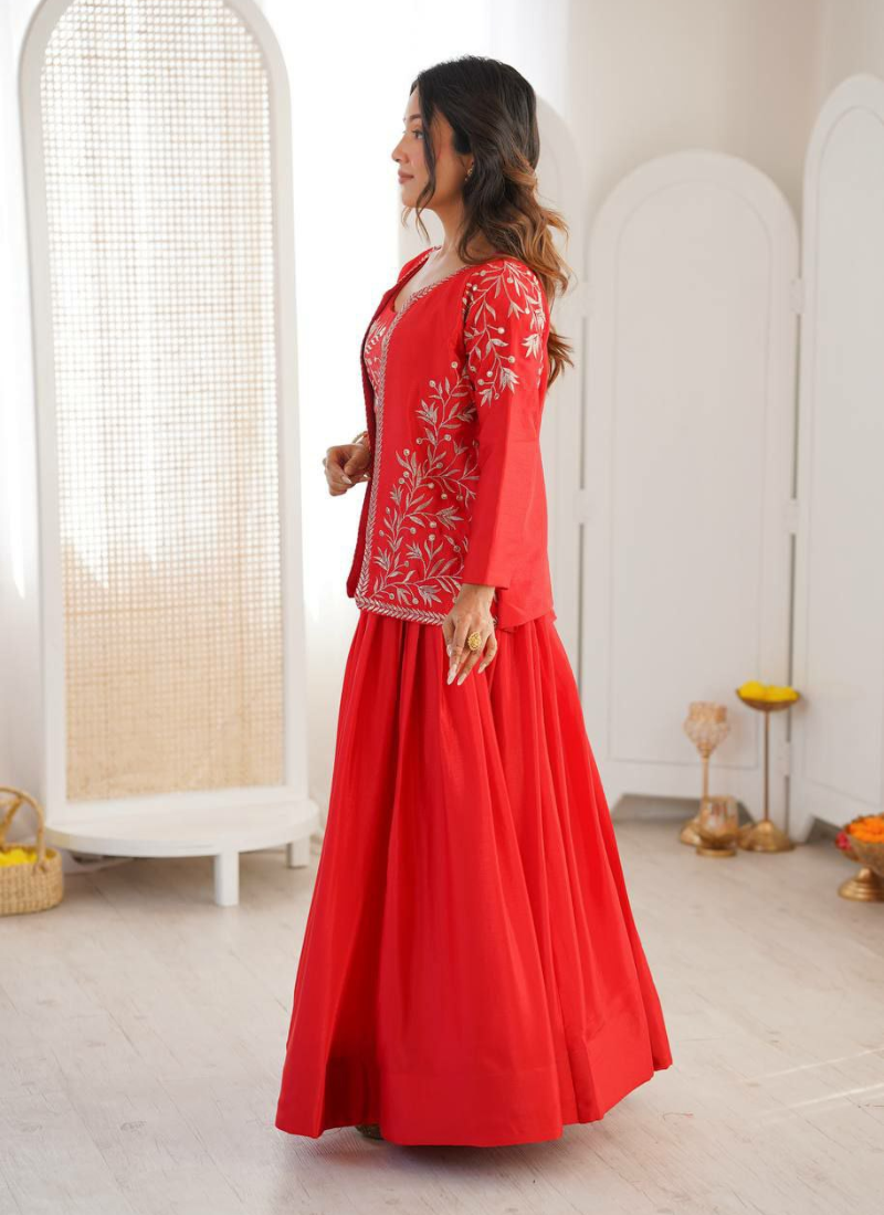 Chinon Silk Lehenga Set with Embroidered Koti