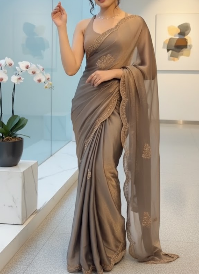 Grey Two-Tone Chiffon Tissue Saree – Crystal Work Panel with Running Blouse