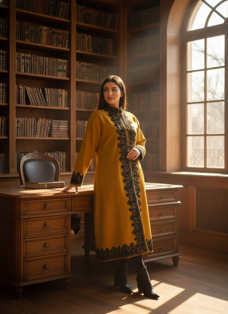 Kashmiri Pashmina Coat – Mustard Yellow Embroidered