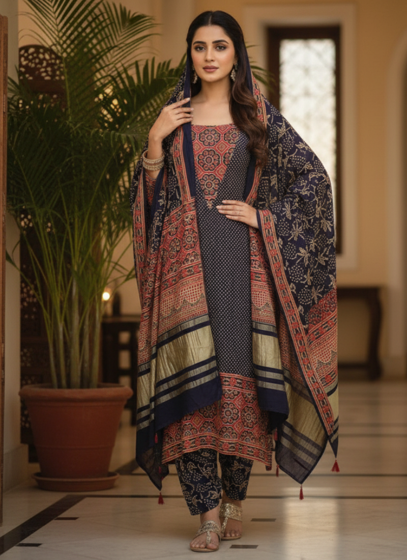 Pure Modal Ajrak Salwar Kameez Suit – Navy Blue with Dupatta