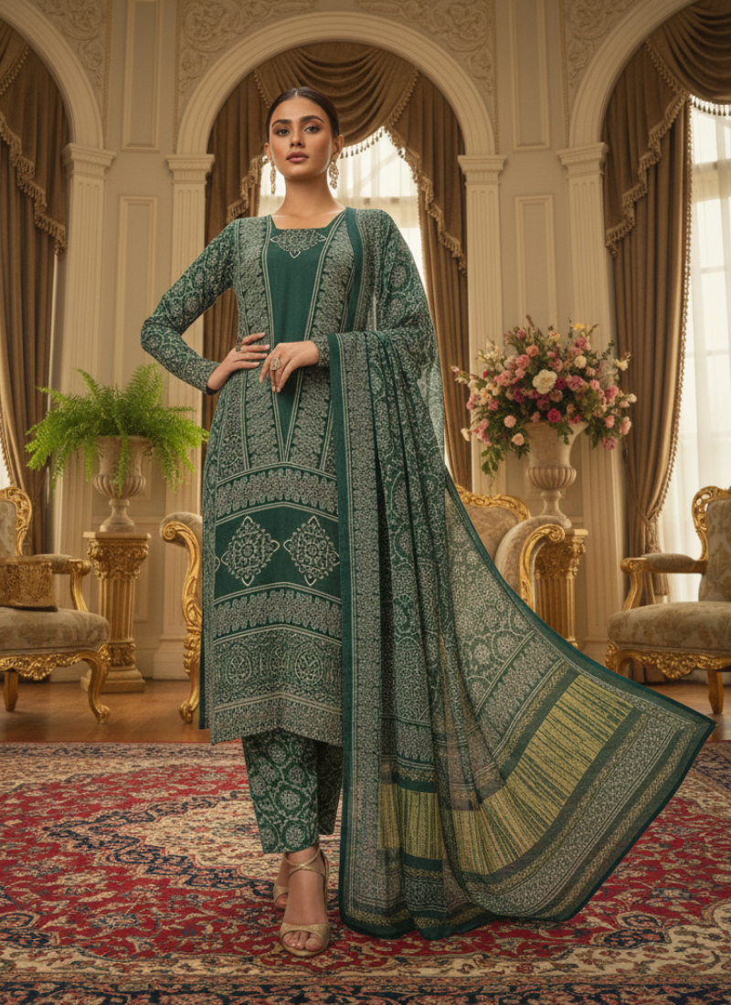 Green Ajrak Salwar Kameez – Pure Modal Fabric with Jari Border Dupatta