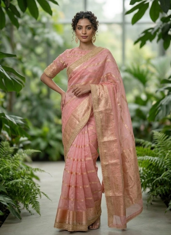 Pink Banarasi Organza Saree with Blouse Piece