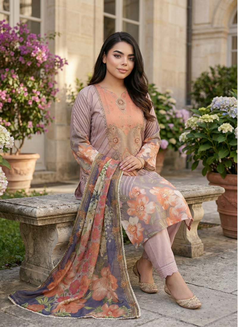 Nude Floral Organza Salwar Suit with Pearl Work - View 4