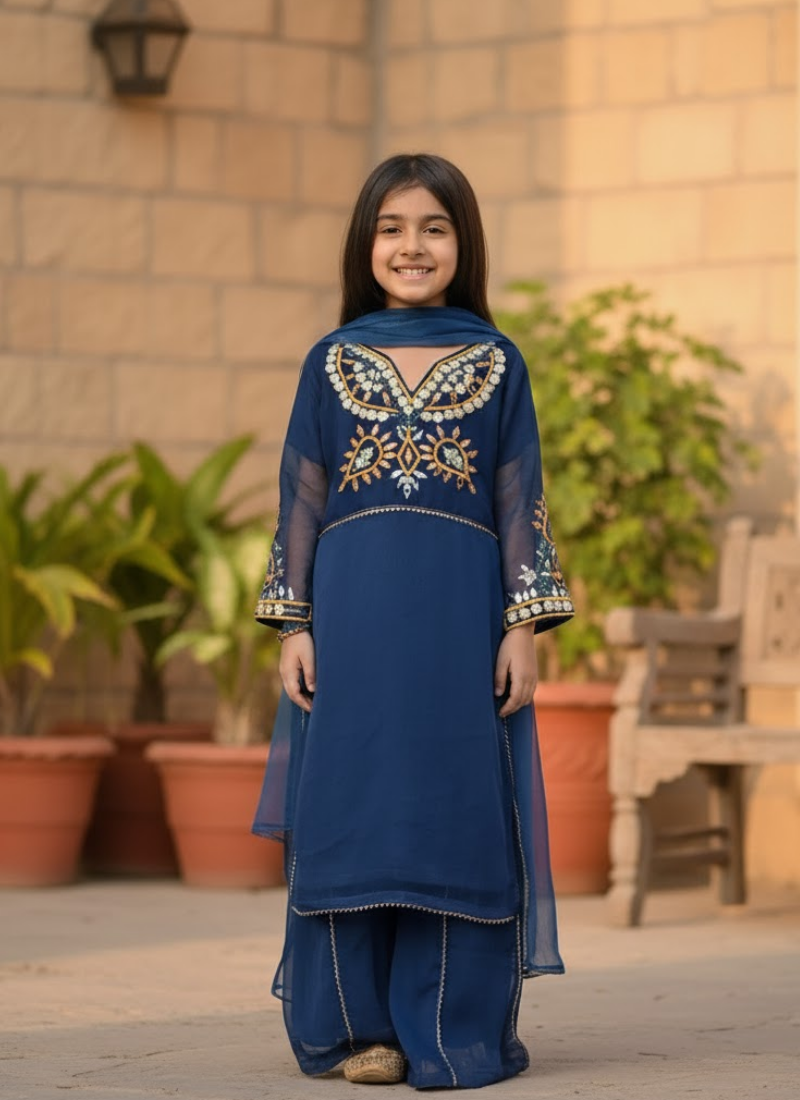 Teal Blue Chiffon Kids Sharara Suit – Festive Flair