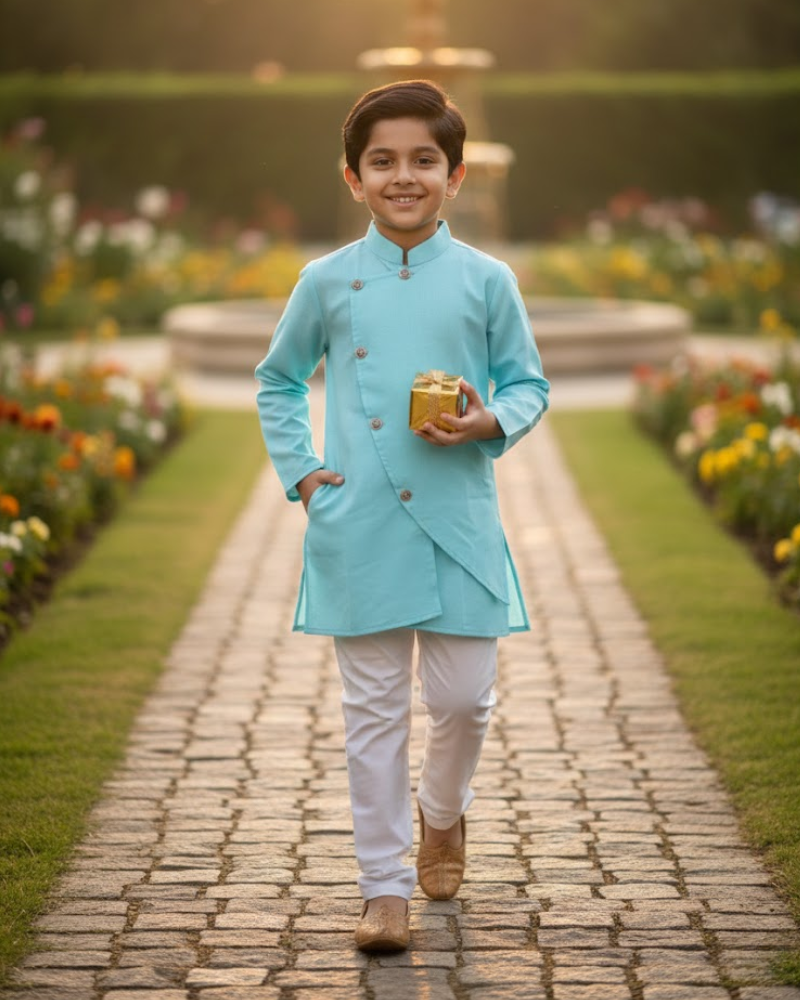 Kids Firoza Cotton Kurta with Embroidery & White Cotton Pyjama