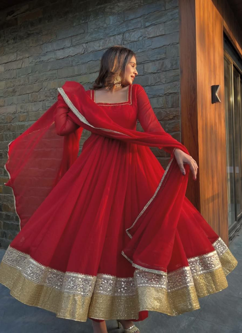 Red Anarkali Gown in Heavy Faux Blooming with Plazzo & Dupatta