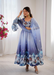 Organza Silk Anarkali Dress with Digital Print & Golden Lace Dupatta (Sizes S–XXL) 5
