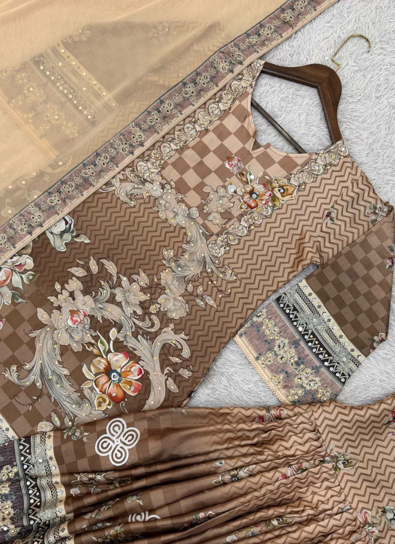 Mocha Brown Chinon Silk Sharara Suit with Mirror & Stone Work + Dupatta