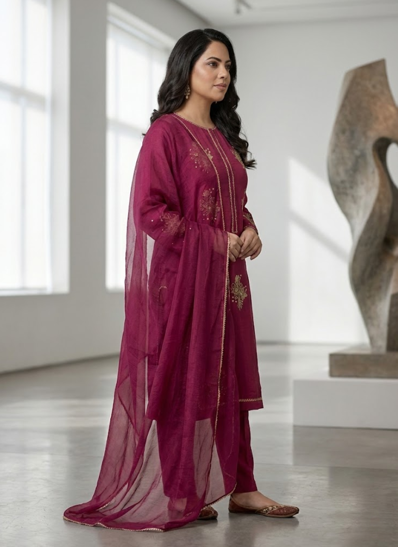 Elegant Indian salwar kameez in hot magenta silk fabric, handcrafted embroidery with zari and sequence.