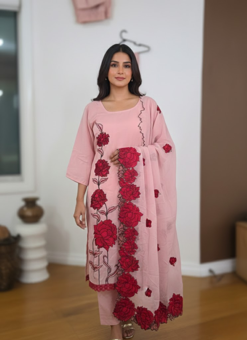 Pink Silk Organza Salwar Kameez with Floral Embroidery Dupatta