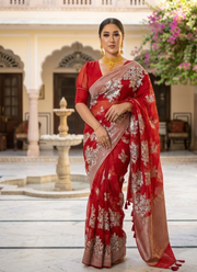 Red Maslin Saree with Golden & White Thread Work 5
