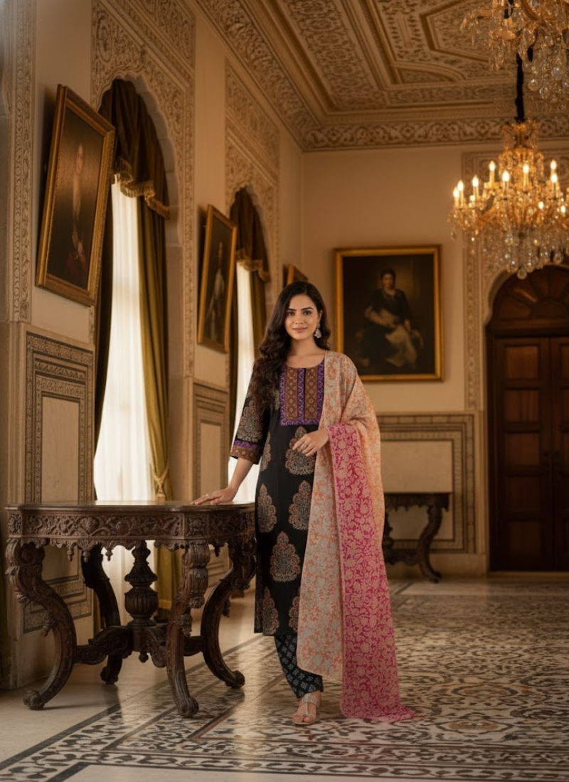 Cotton Block Printed Salwar Suit – Black & Orange