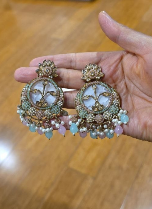 Sea Green with Baby Pink Kundan Chandbali