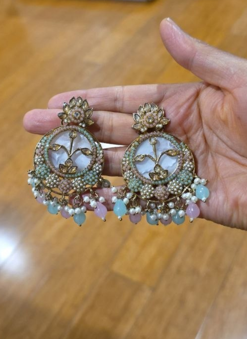 Sea Green with Baby Pink Kundan Chandbali - View 4