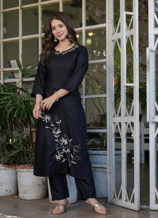 Black Rayon Kurta Set with Dupatta