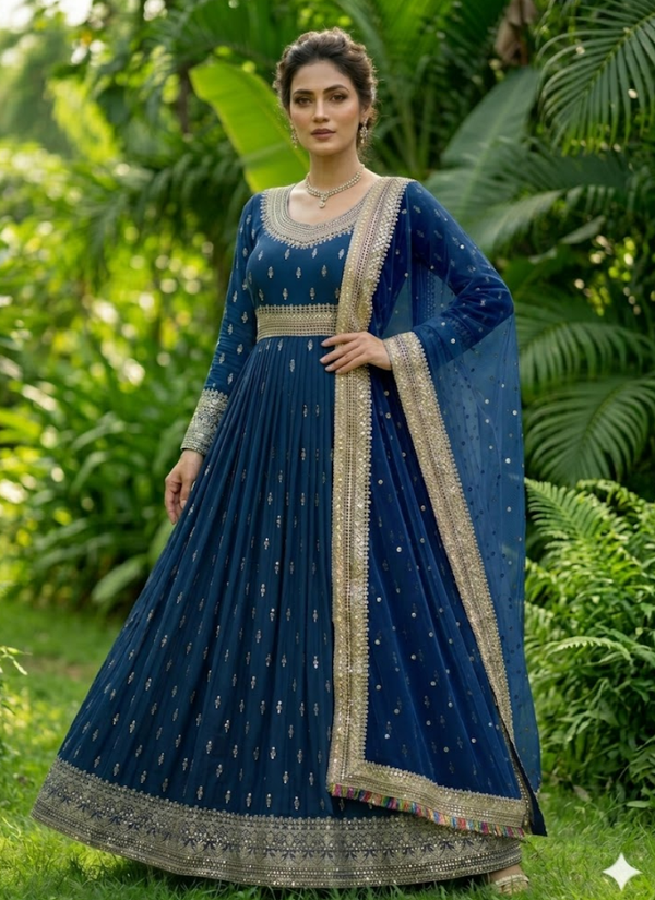 Heavy Chinon Silk Gown Set with Butterfly Net Dupatta