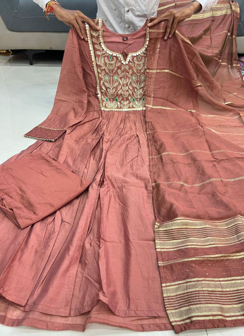Mul Chanderi Anarkali Suit with Banarasi Dupatta & Bracelet (4‑Piece Set)