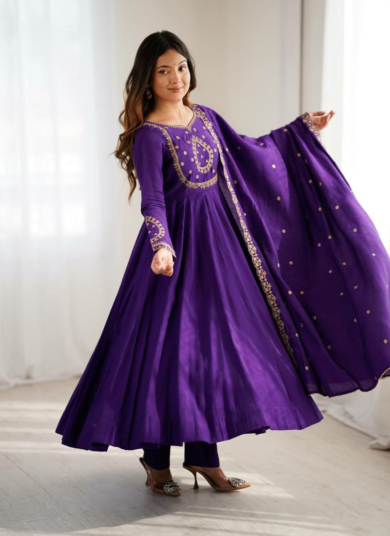Anarkali Suit in Roman Chanderi Silk with Beads Handwork & Embroidered Dupatta