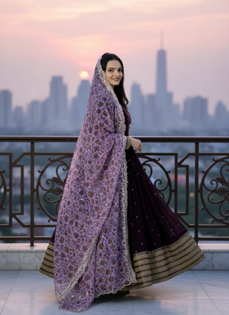Purple Georgette Anarkali with Printed Dupatta