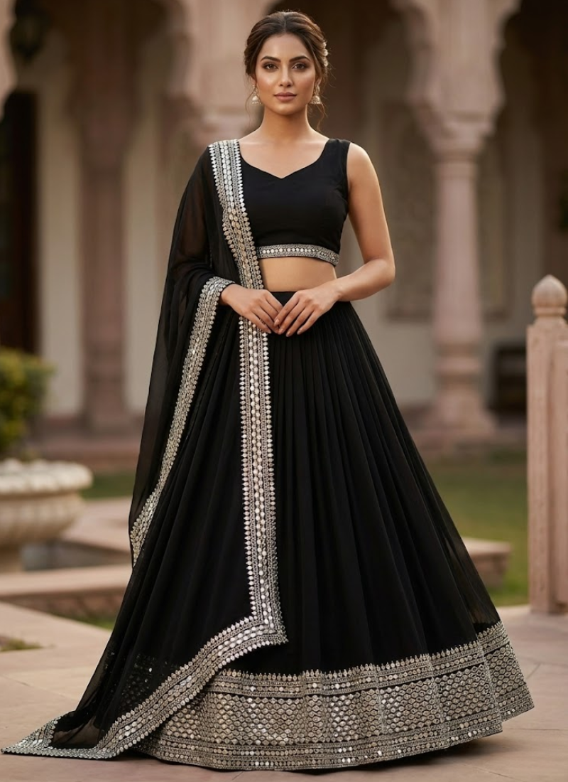 Faux Georgette Cocktail Lehenga Choli with Thread & Sequins Embroidery + Lace Dupatta