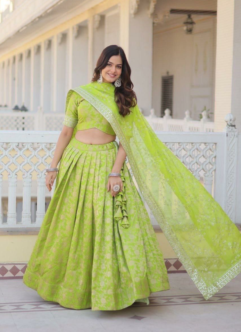 Green Viscose Jacquard Lehenga Choli with Sequins Embroidery + Silk Dupatta