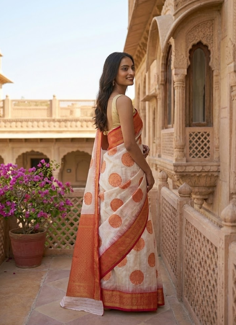 Assam Silk Saree with Blouse Piece – White & Red Zari